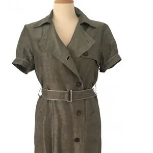 Max Mara 'S Linen knee length dress Olive Green Belted Dress, size 44